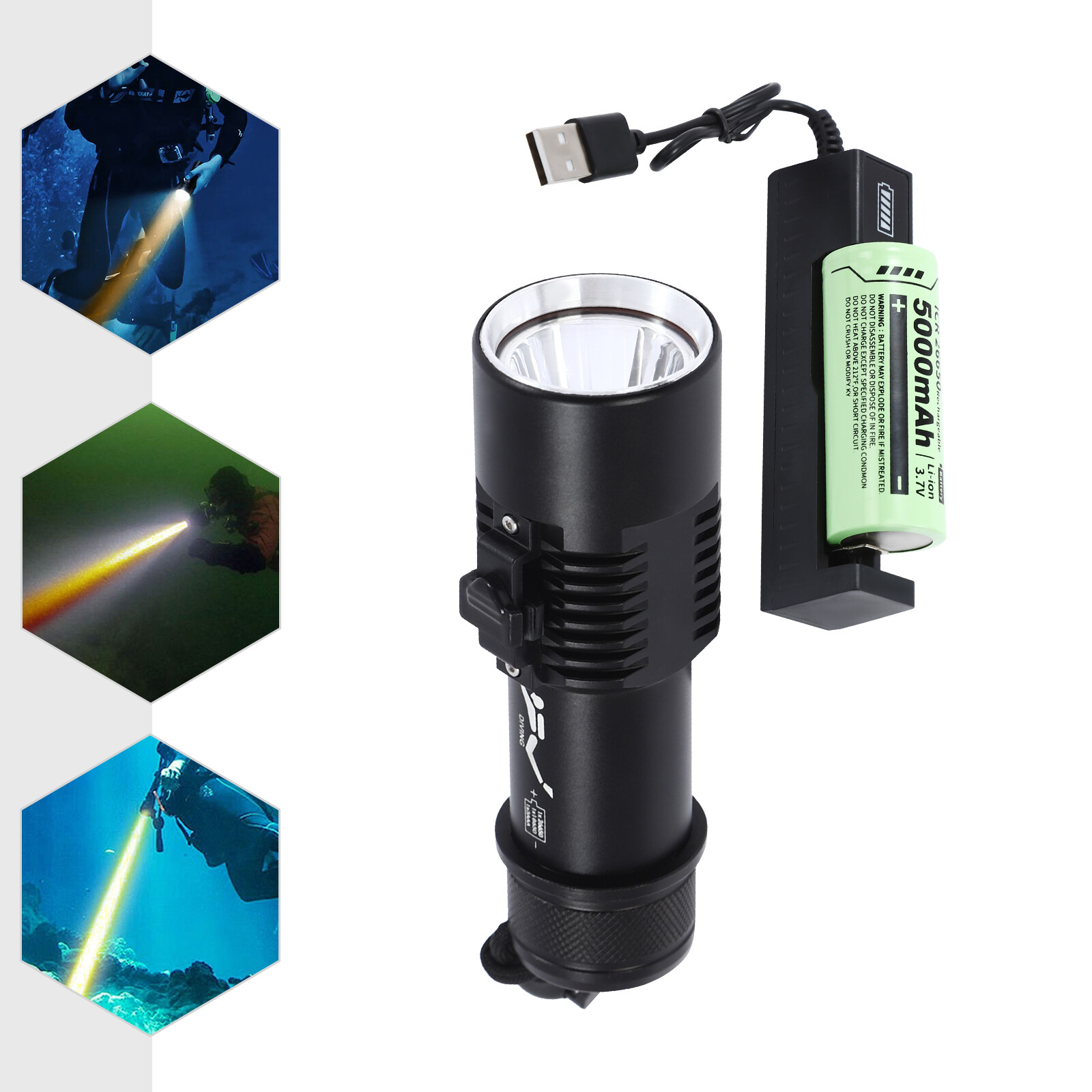 Compact Bright Diving Torch Submersible Flashlight Lamp+Battery Set Dive Light