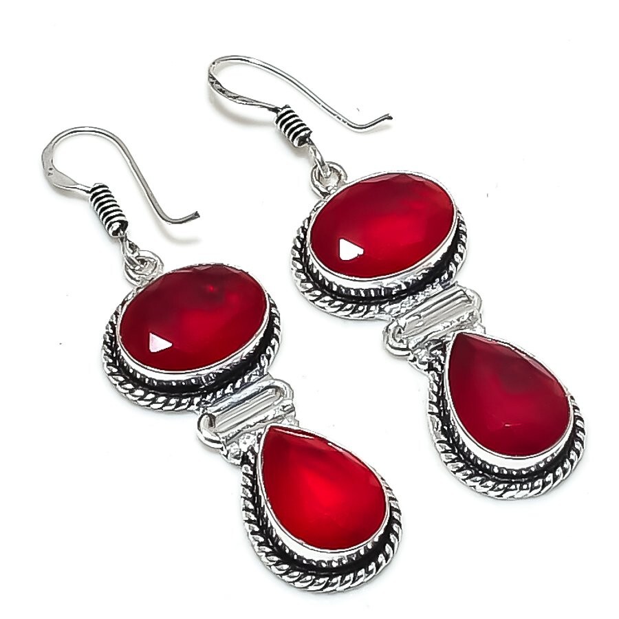 Red Garnet Gemstone Handmade 925 Sterling Silver Jewelry Earring Size 1.9"