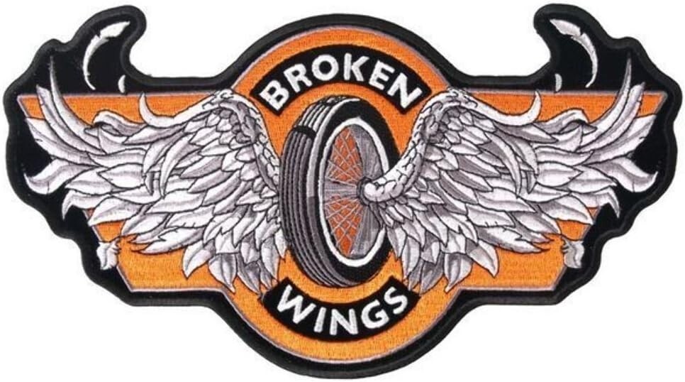 BROKEN WINGS TWO WHEELS DOWN BIKER PATCH - 2PC - 4.0 INCH