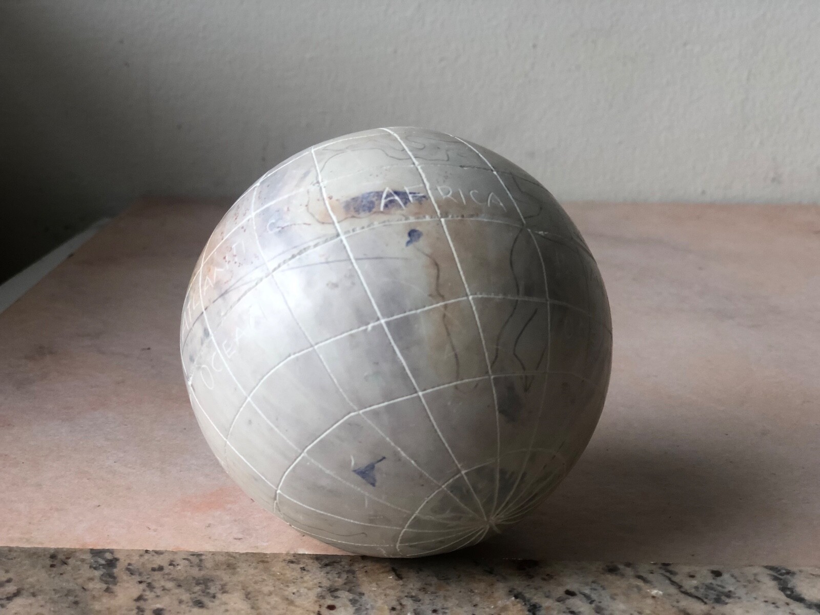 Unique Vintage Carved and Handpainted Stone Globe / World Map