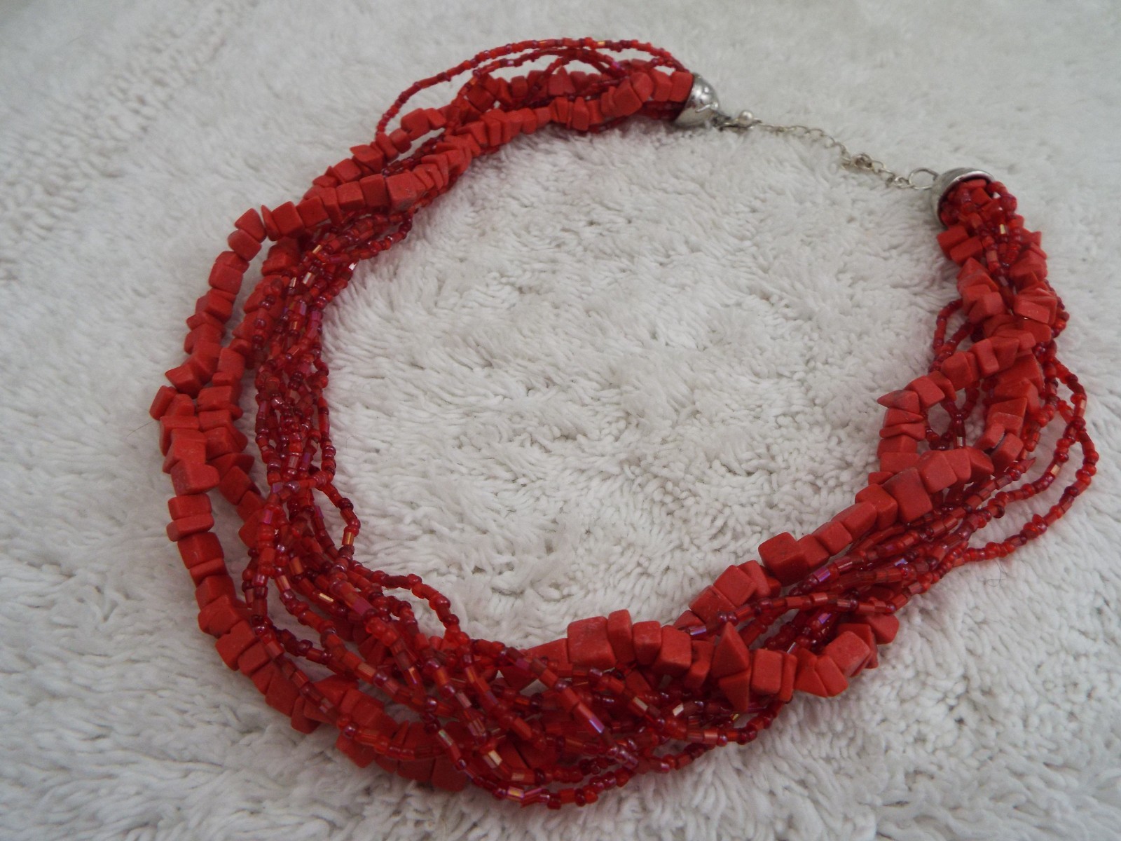 Red Glass & Stone Bead Multi Strand Necklace (C43)