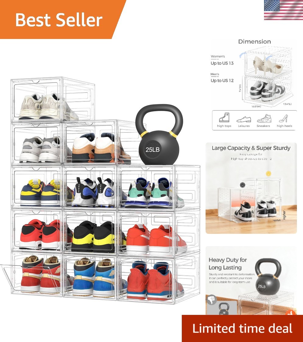 Upgraded Hard Shoe Storage Box 2 Pack X-Large Fit Size 2, Thicken & Sturdy Cl...