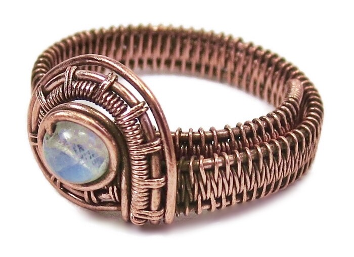 Moonstone Adjustable Ring, Woven in Copper Wire