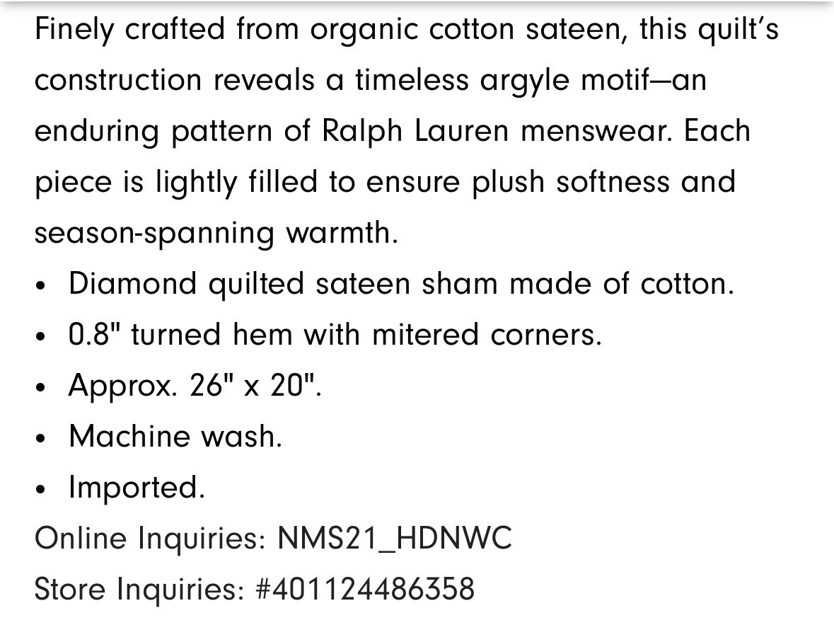 RALPH LAUREN RL Gray QUILTED SATEEN ARGYLE