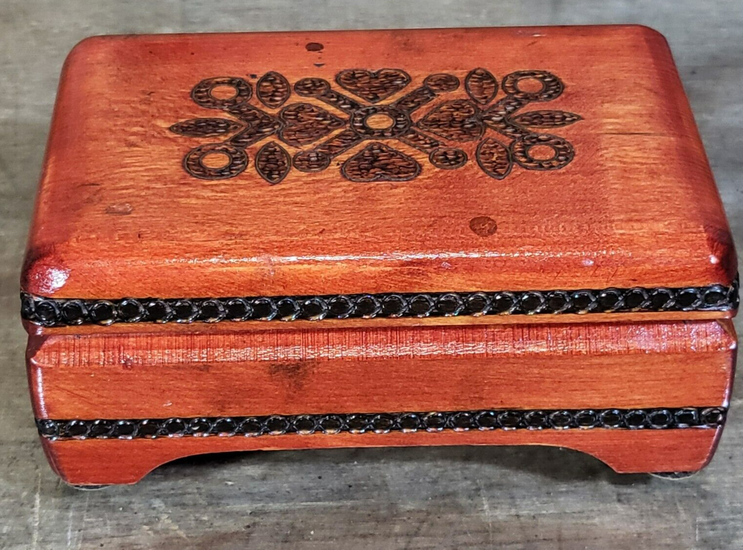 Vintage Wood Trinket or Jewelry Pyrography box, Hand carved and painted Poland