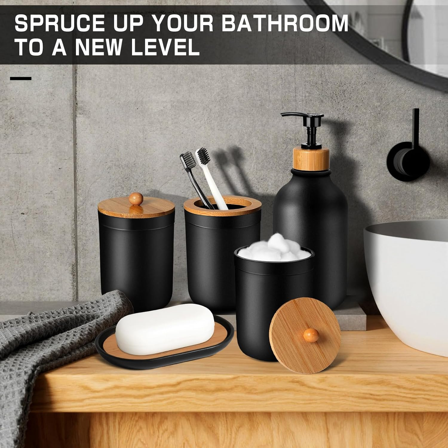 Black Bathroom Accessories Set 5 Pcs, Matte Black Bathroom Accessories, Plastic