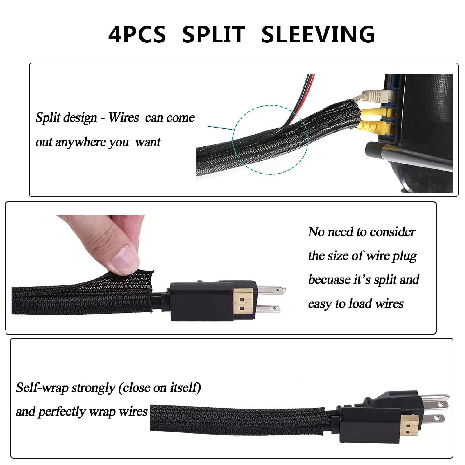 Cord Management Organizer Kit 4 Cable Sleeve split with 41Self 152 PCS, Black