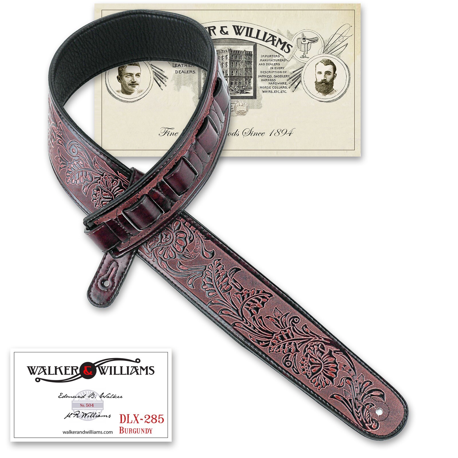 Walker & Williams DLX-285 Burgundy Brown Padded Strap with Embossed Tooling