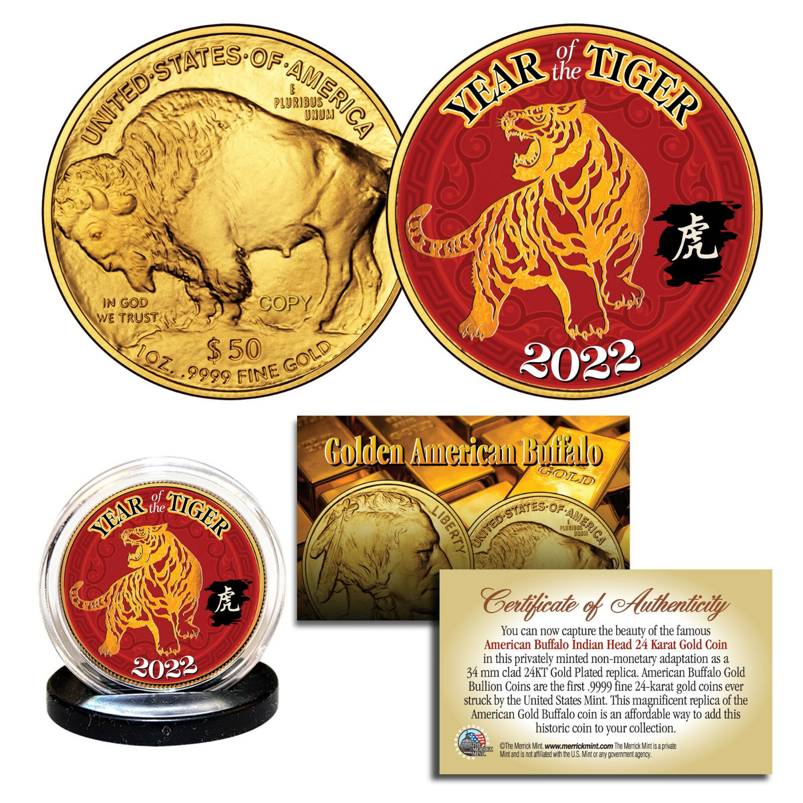 2022 Chinese New YEAR OF TIGER 24K Gold Clad $50 American Buffalo Tribute Coin