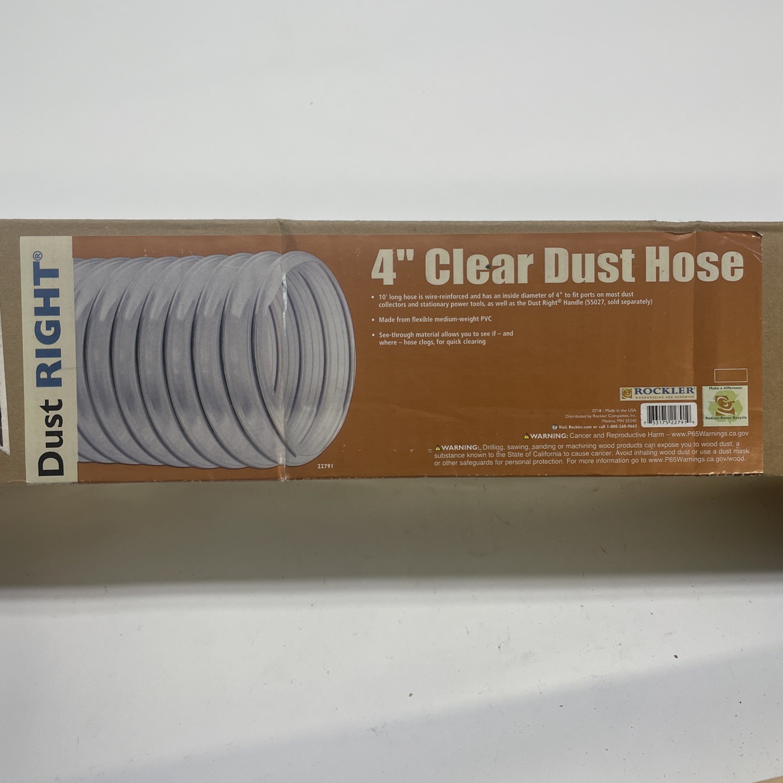 Dust RIGHT 4” Clear Dust Hose. Unopened Box. Box Has Some Water Damage