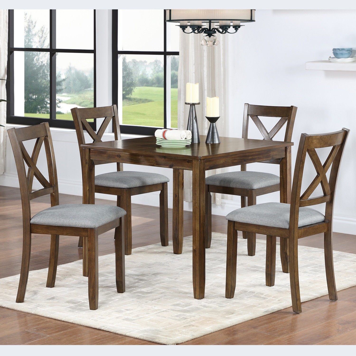 Modern 5 Piece Dining Table Set Wooden Square Dining Table & 4 Chair Walnut