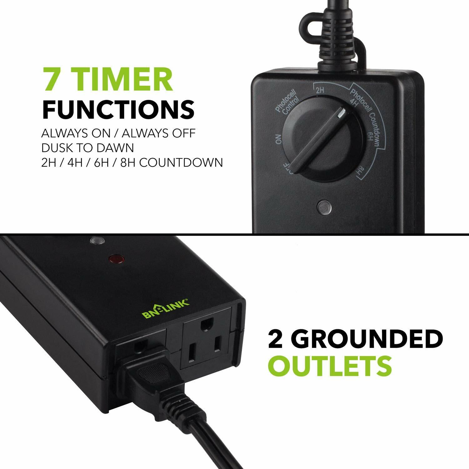 BN-LINK Outdoor Plug In Timer Switch Photocell Sensor Function Two Outlets