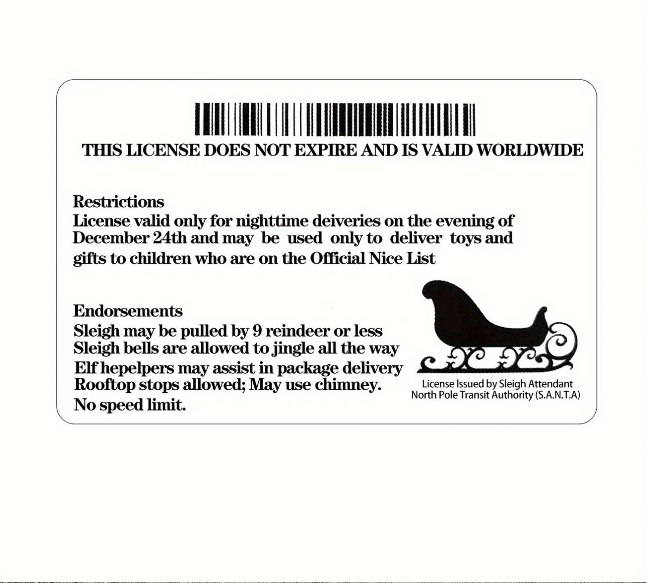 NOVELTY SANTA CLAUS SLEIGH FLYING DRIVERS LICENSE CHRISTMAS PRANK GAG GIFT