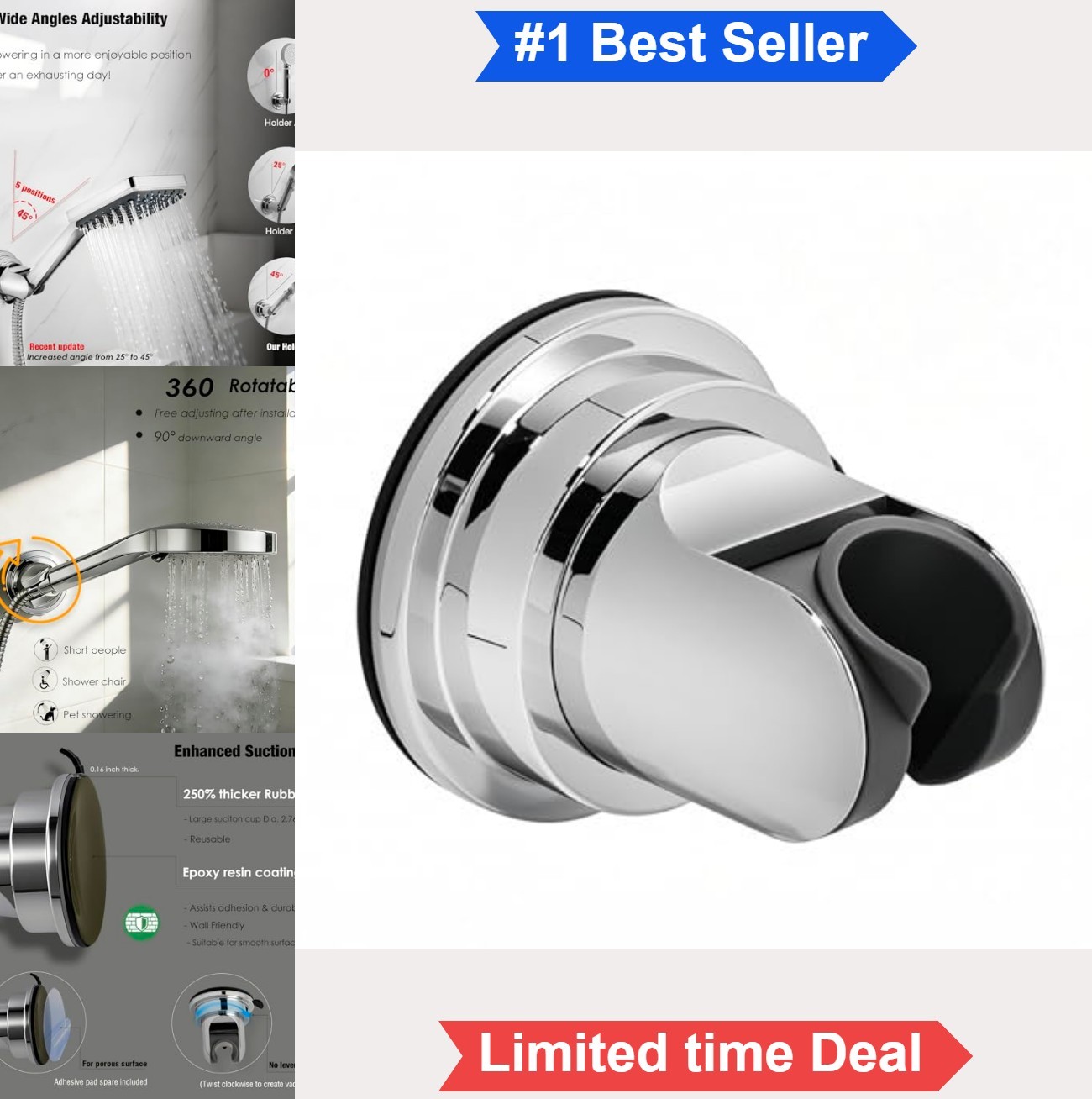 Handheld Shower Head Holder Suction Cup Wall Mount Adjustable 360 Degree