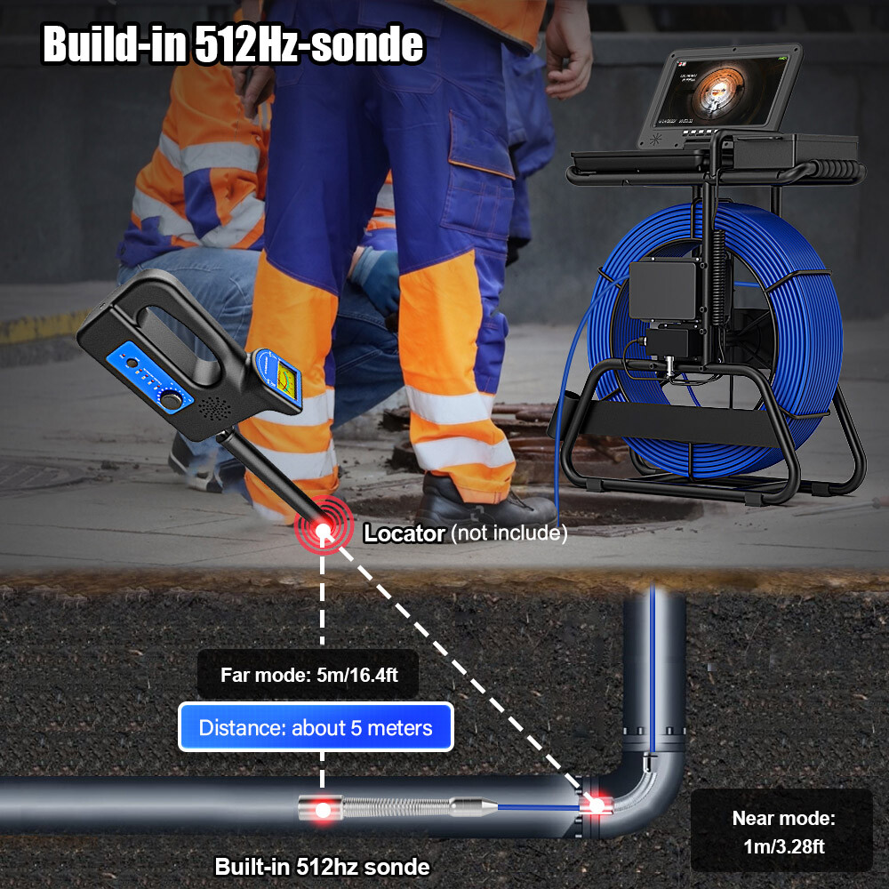 100m Sewer Pipe Inspection Camera 512hz Self-leveling Pipe Camera 10" Display