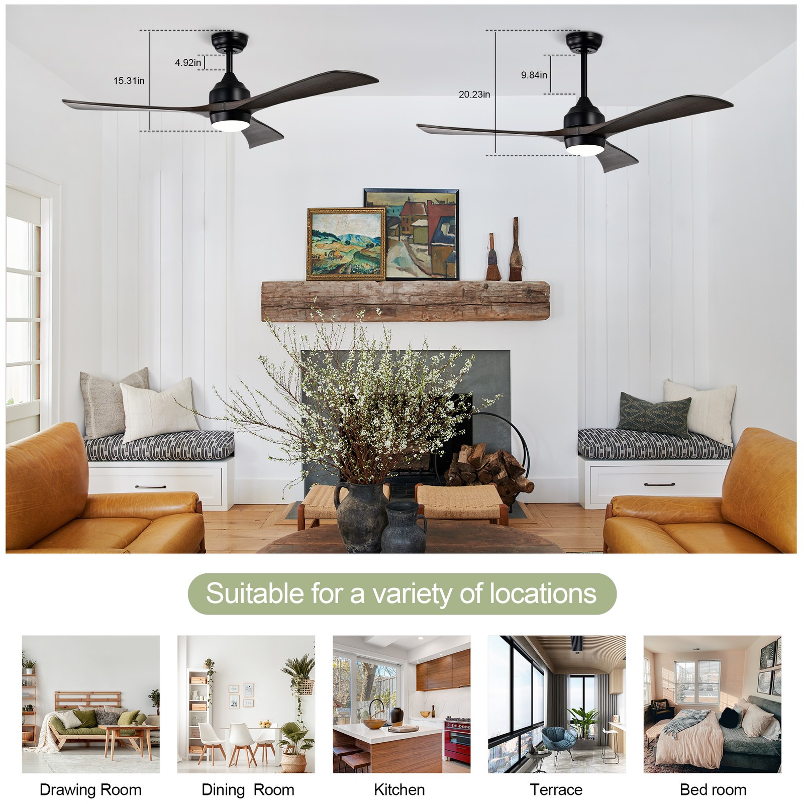 52"Solid Wood Blades Ceiling Fan Lights Remote Control,Quiet DC Motor 3 Blade