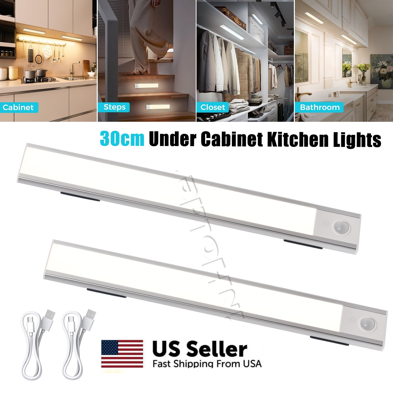 2PCS Under Cabinet Kitchen Lights Rechargeable Magnetic Under Closet Light-30CM