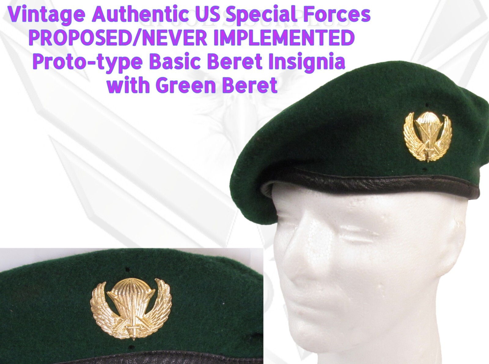 RARE Prototype US Special Forces Basic Beret/Uniform Insignia w/Green Beret A5
