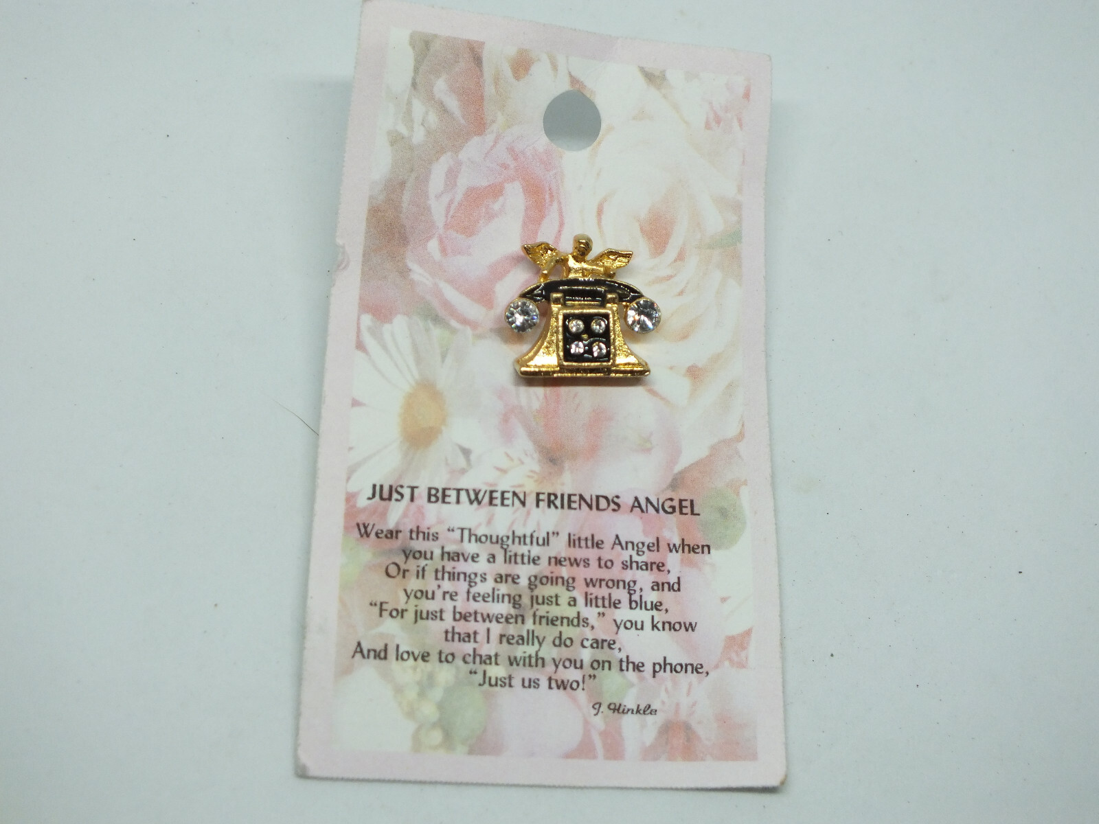 Beautiful Brooch Gold Tone Friends Angel Telephone Clear Rhinestones Black Ename