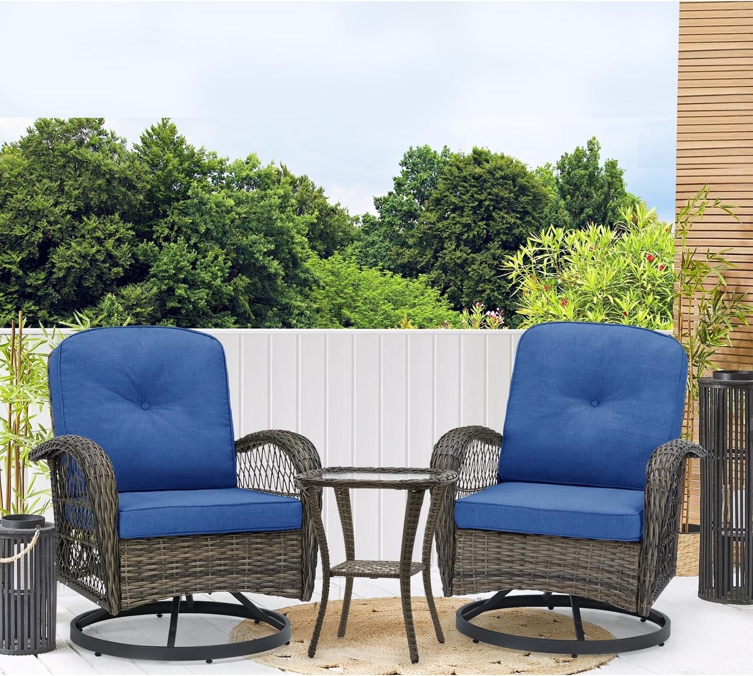 Rattan Conversation 3 Pc Furniture Set Patio BLUE Chairs All Weather Outdoor