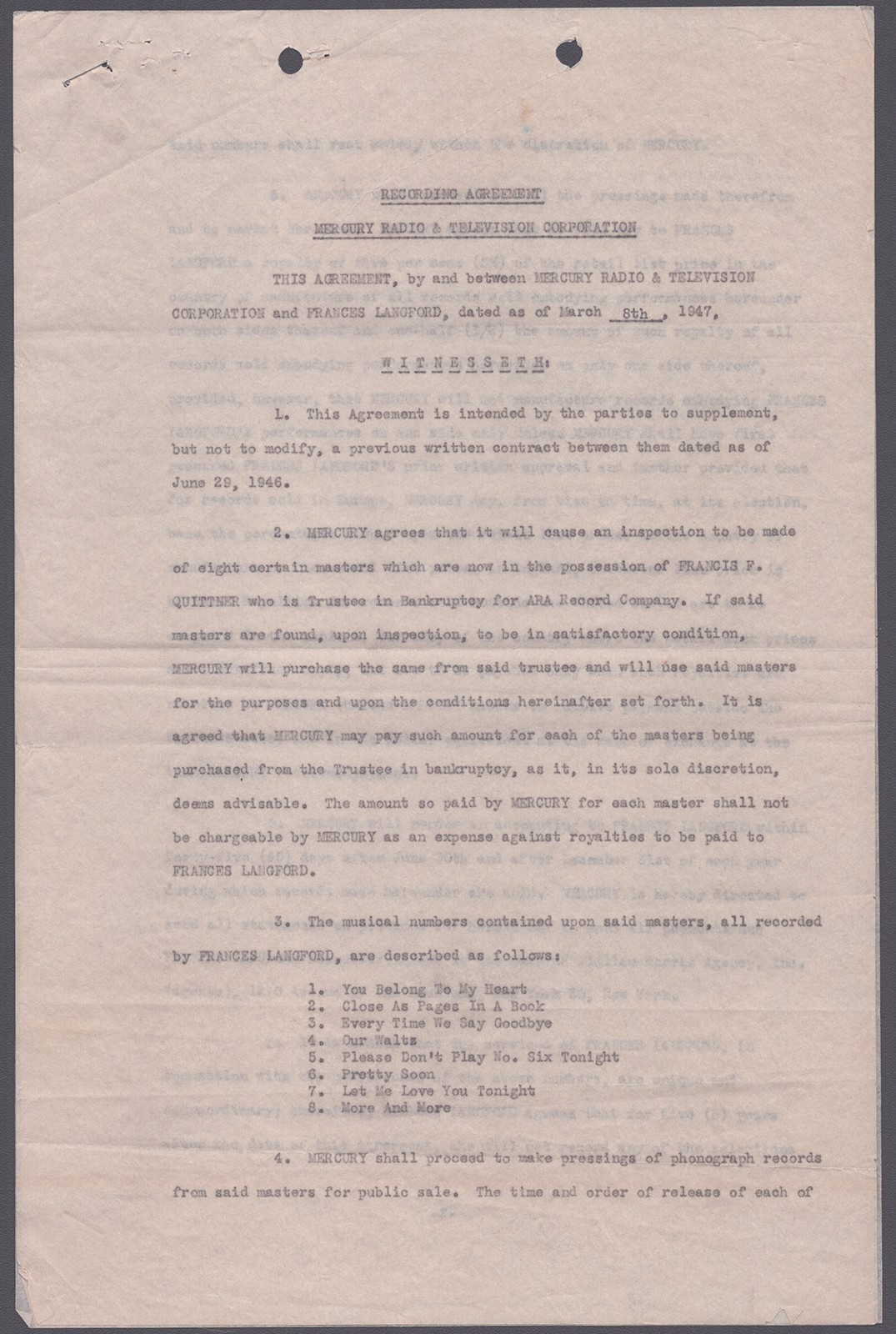 FRANCES LANGFORD - DOCUMENT SIGNED 03/08/1947
