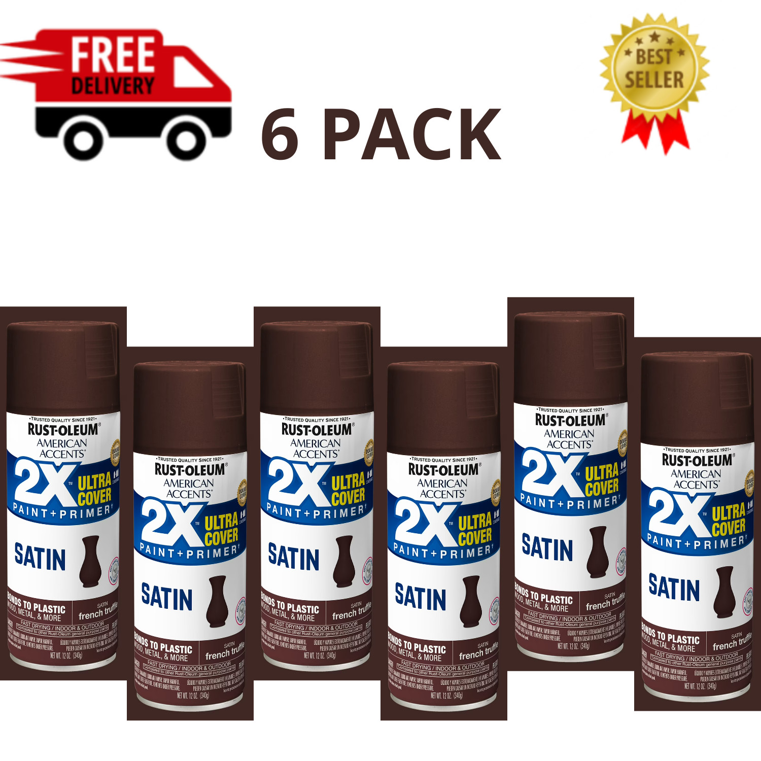 Rust-Oleum 393568 French Truffle Satin Spray Paint 12 oz 2X Ultra Cover, 6 Pack