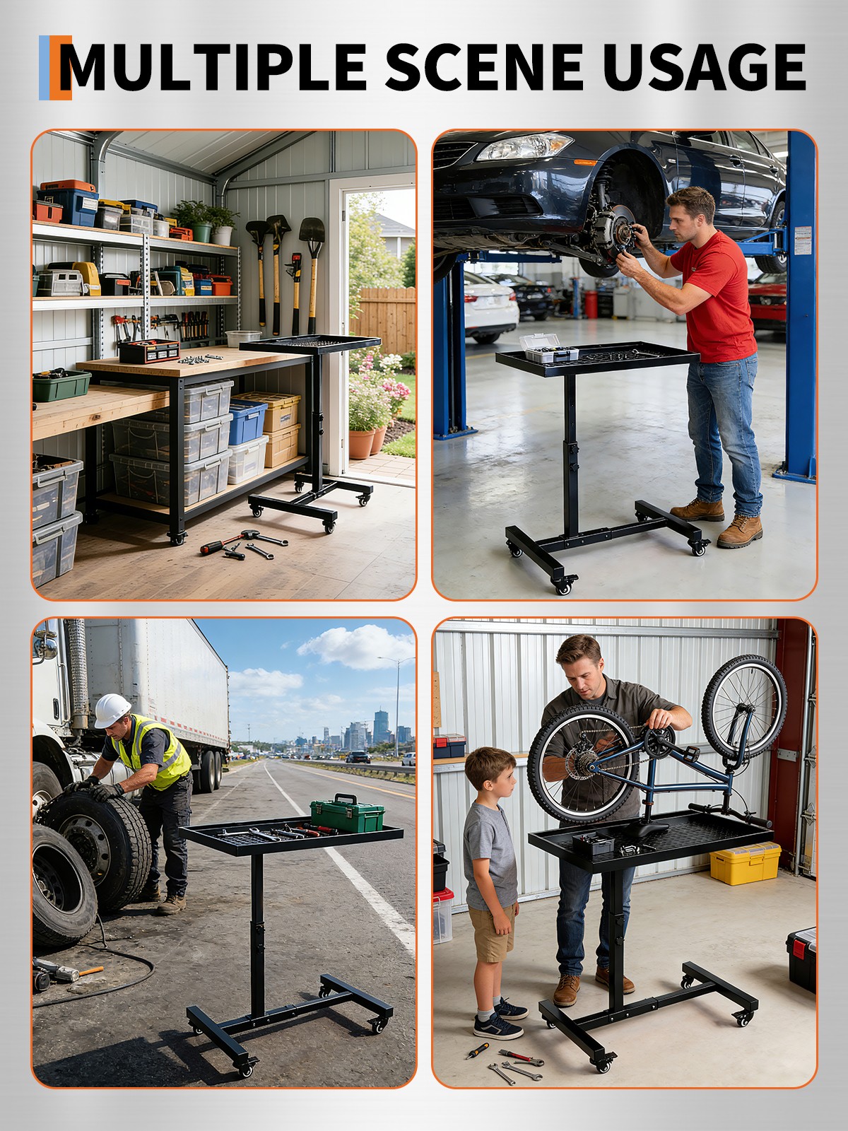 Adjustable Rolling Tool Tray Table on Casters 4 Compartments 220 lb for Workshop