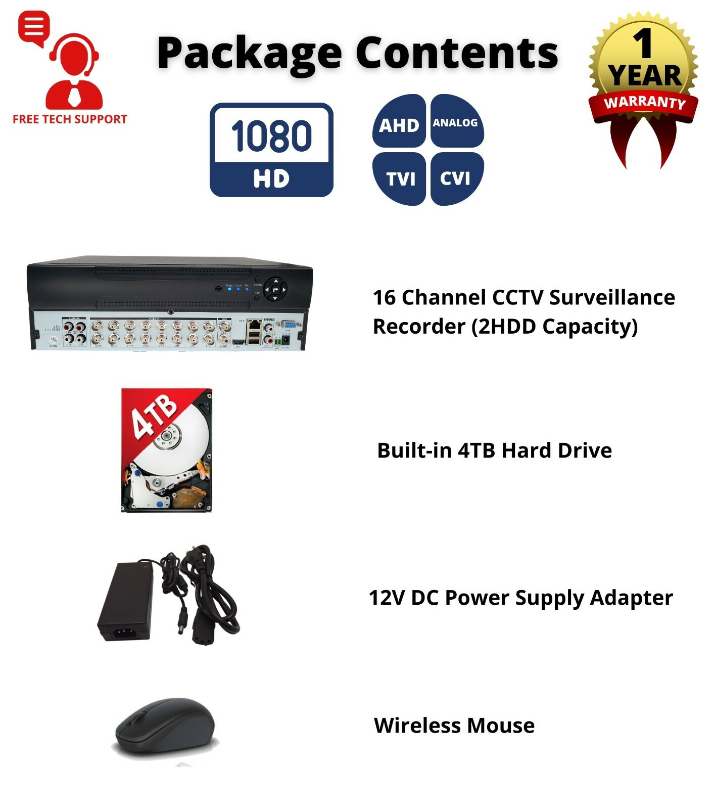 16 Channel H.265 CCTV Security Surveillance Recorder DVR with Audio and 4TB HDD