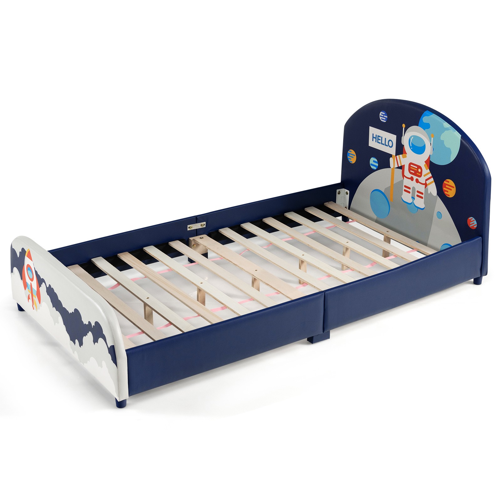 Children Twin Size Wooden Bed Kids Upholstered Platform Bed  Astronaut Pattern