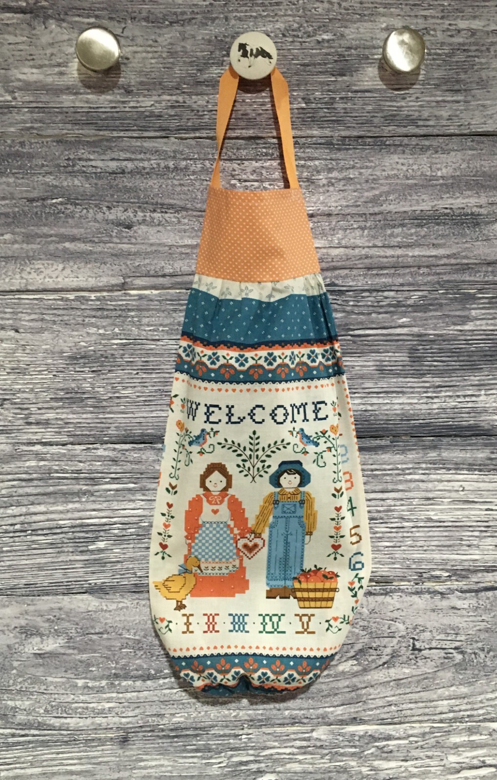 Plastic Grocery Bag Rag Sock Welcome Farmer Couple Cross Stitch Sampler Prim