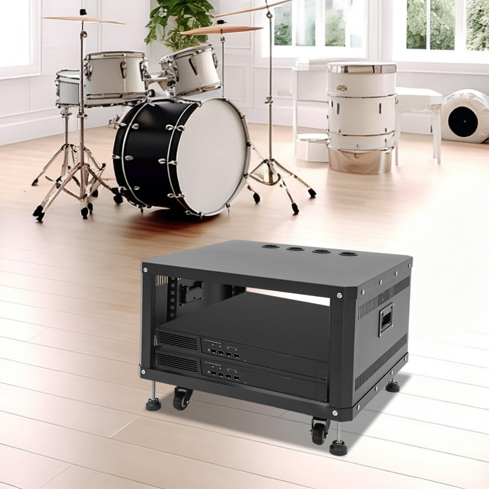 6U Stereo & Studio Rack w/ 4 Wheels, Rolling Network Cabinet Open Frame Rack