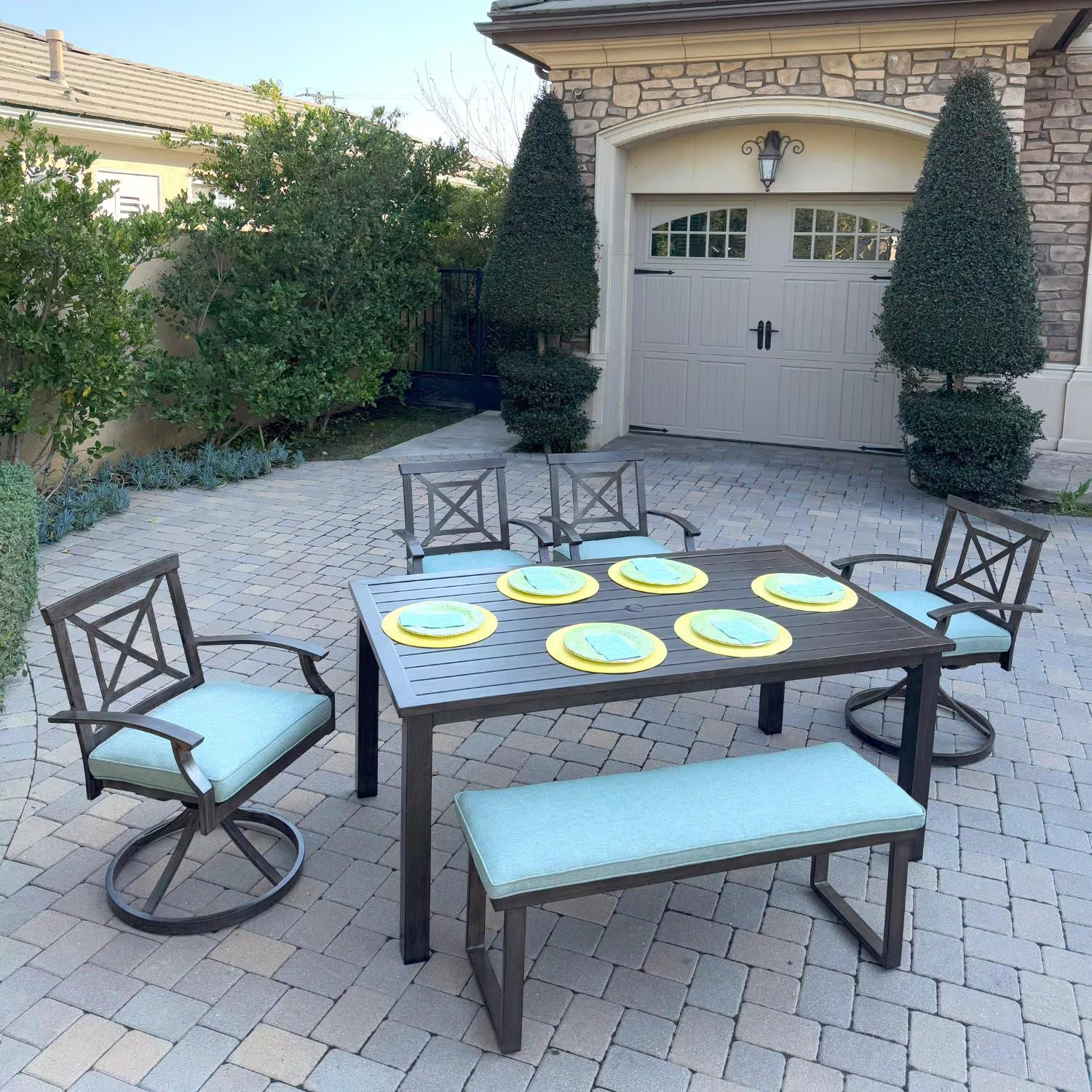 Atlantis 6 Pc Aluminum Dining Set 4 Swivel Rocker Dining Arm Chairs & Two