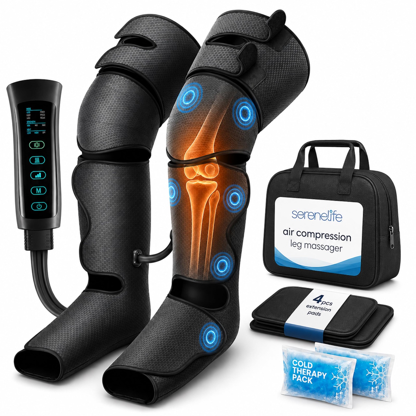 SereneLife Air Compression Leg Massager, Full Massager with Heat and Onyx