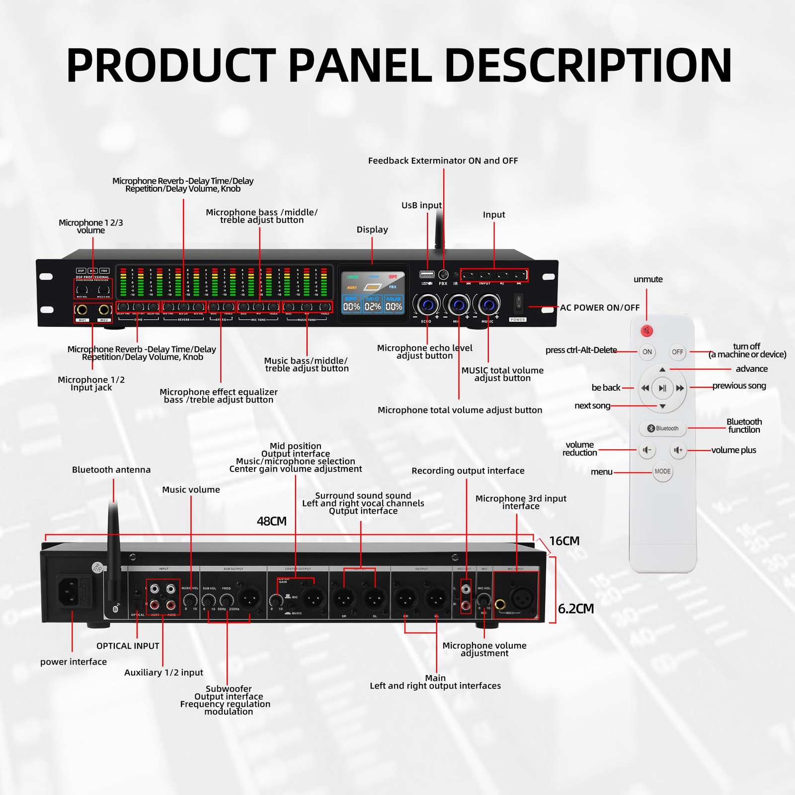 K-6 Professional KTV Digital pre-stage Effector Anti-howling Audio Processor ...