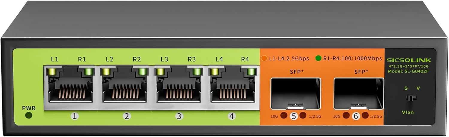 6 Port 2.5Gb Network Switch, 4x2.5G RJ45, 2x10G SFP+, Muti-gigabit, Unmanaged...