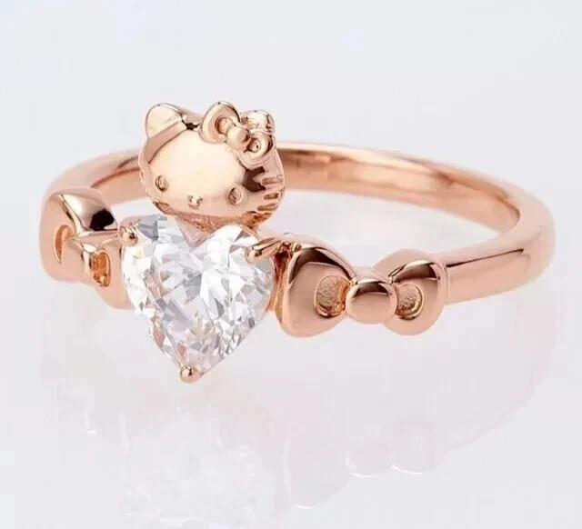 1.10Ct Heart Cut Real Moissanite Hello Kitty Wedding Ring 14K Rose Gold Plated