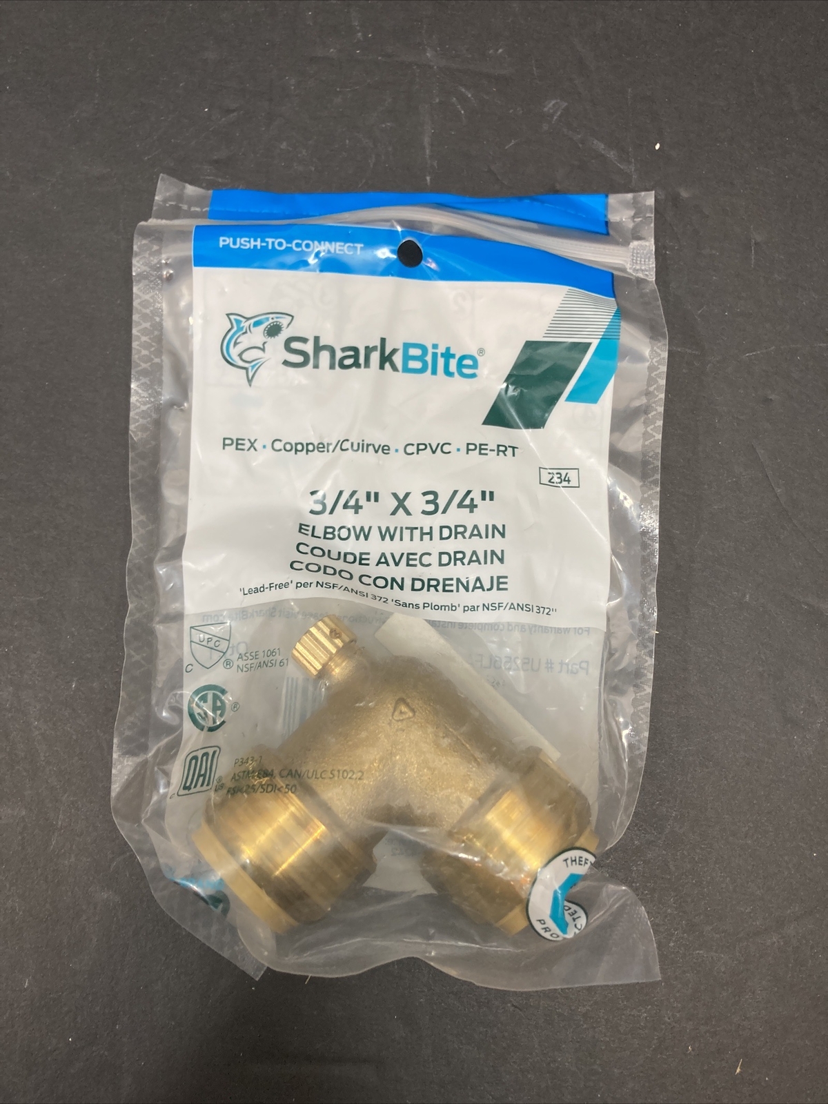 SharkBite Push-Connect 3/4in. PTC T X 3/4in. D PTC Brass 90 Degree Elbow W/Drain