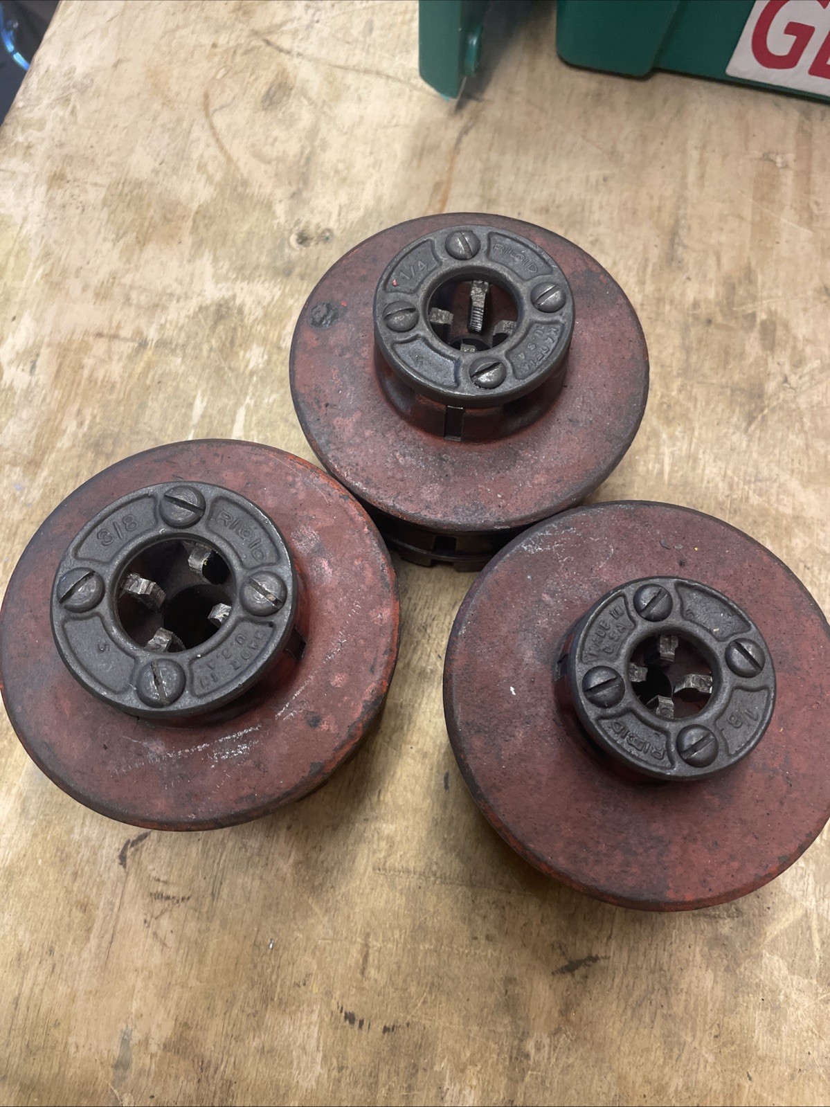 3x Ridgid 12-R Die Heads W/ Dies. 1/4, 3/8, 1/8 Size
