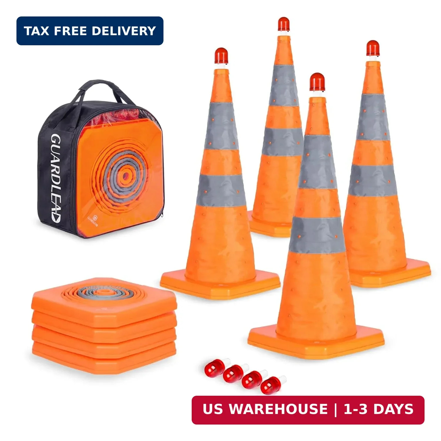 4 Pack 28 inch Collapsible Traffic Cones with LED Light, Safety Cones with Refle