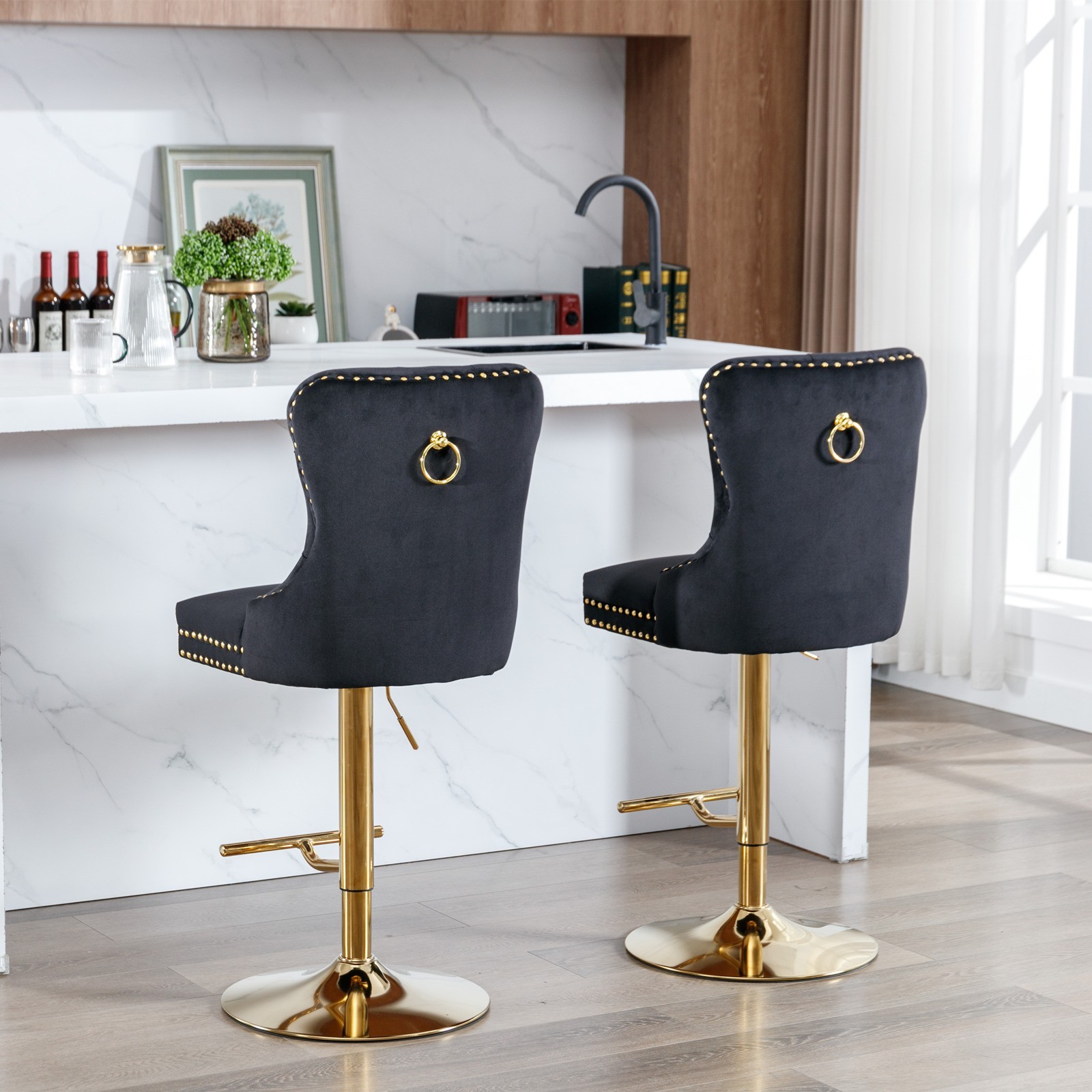 A&A Furniture Golden Swivel Velvet Barstools - Adjustable (27-35"), Tufted