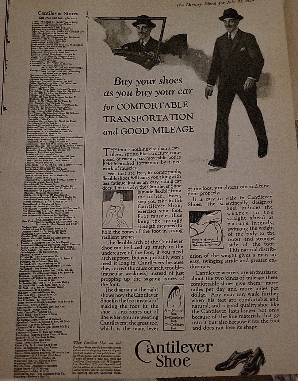 1926 Mens Cantilever Shoes For Good Mileage vintage Fashion ad