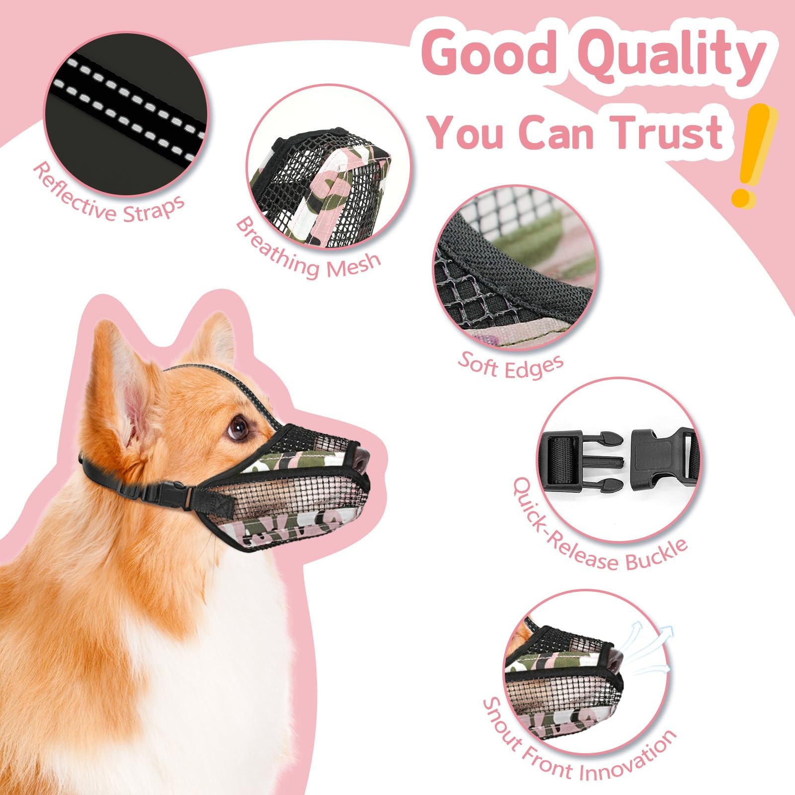 Soft Mesh Dog Muzzle with Reflective Adjustable Strap, Lightweight Muzzle for...