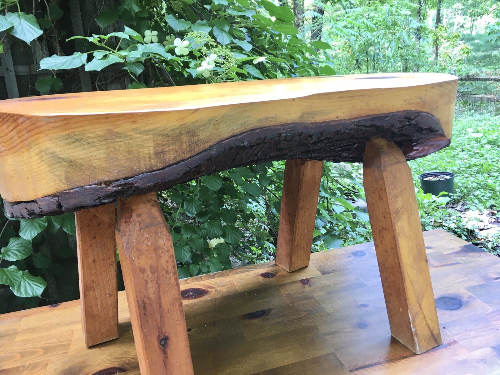 Vintage Handmade Primitive Wooden Log Bench Coffee Table w Bark Underside