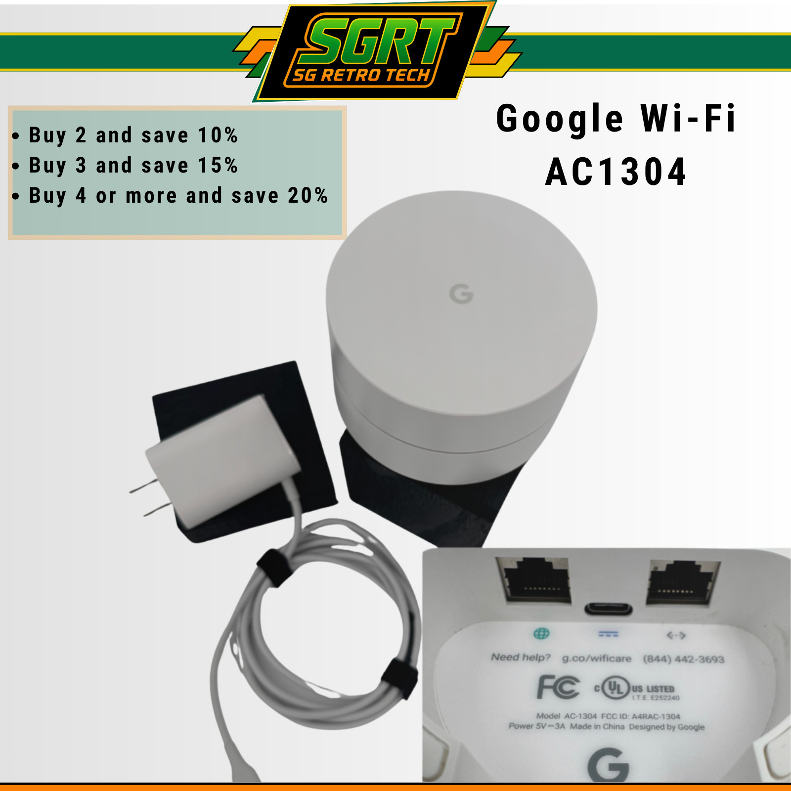 Google Wifi AC-1304 AC1200 Mesh Router White OEM USB-C Adapter Multi Qty