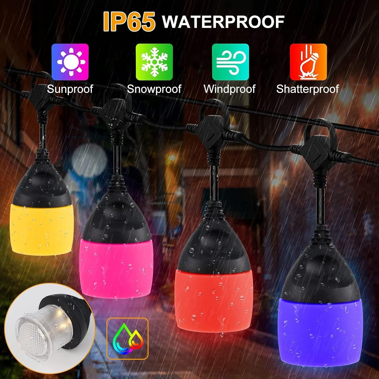 Solar LED String Lights 48 Ft  Color Changing Outdoor Waterproof Patio Lights