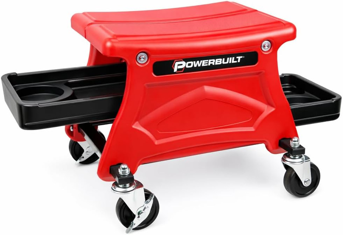 Rolling Garage Seat with Tool Trays & Smooth Wheels, 300 lb Capacity