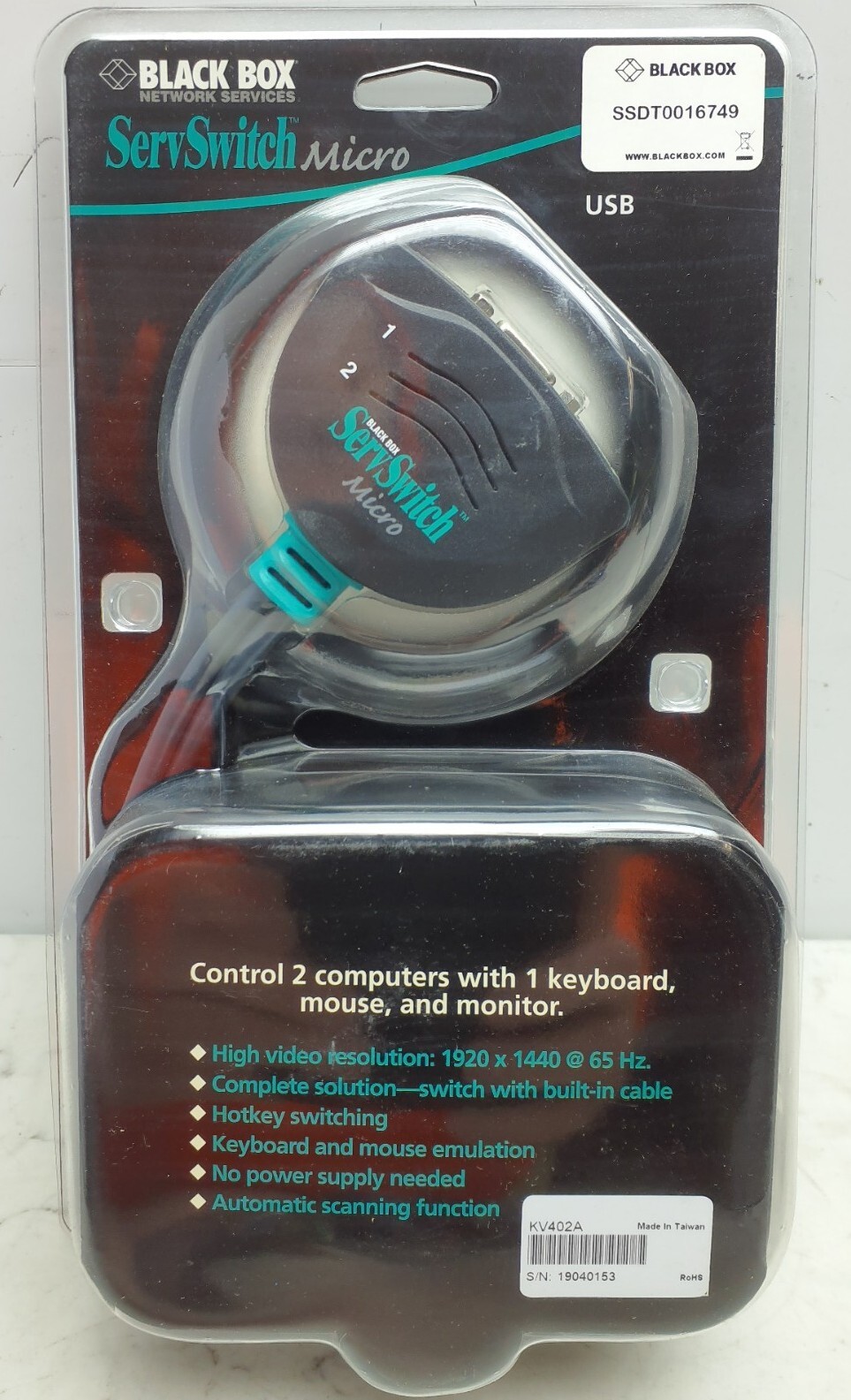 Black Box ServSwitch Micro Control 2 Computers W/ 1 Keyboard KVM Switch KV402A