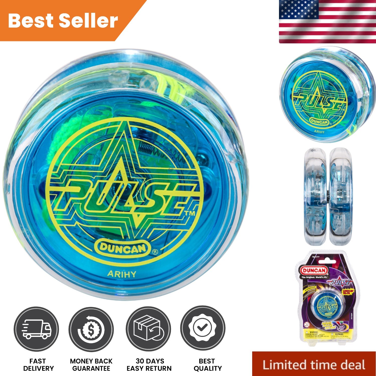 Intermediate Level Pulse Yo-Yo with LED Lights & Ball Bearing - Clear/Blue