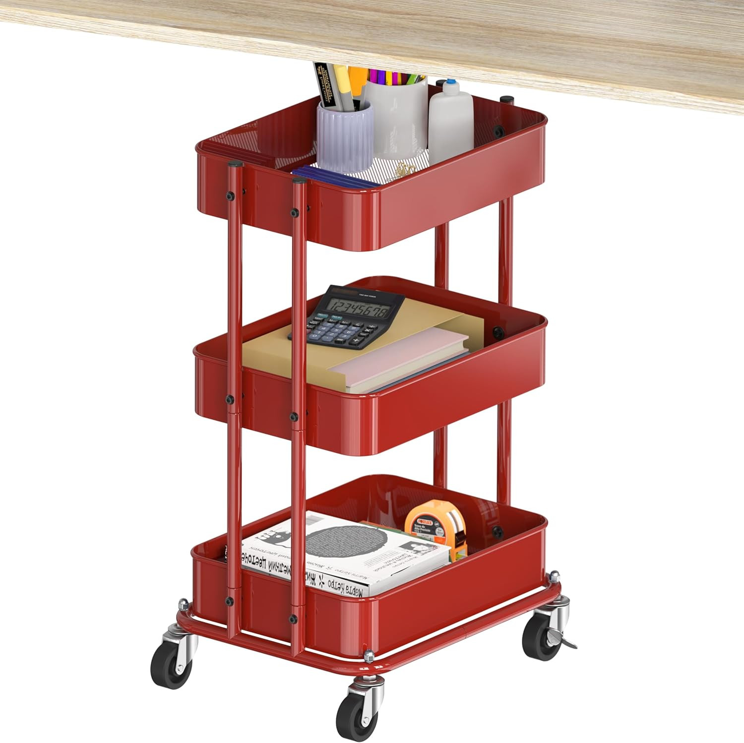 3-Tier Compact Utility Rolling Cart, Low 24” Height Fits under Desk, Space-Savin