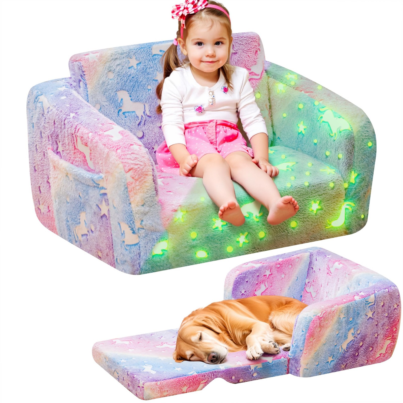 2-in-1 Soft Couch Fold Out,Foldable Chair, Glow in The Dark Sofa for playroom...